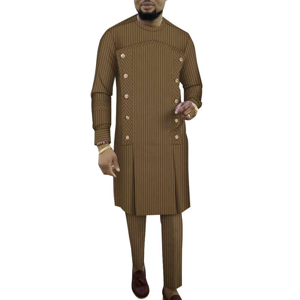 African men's striped cotton robe two-piece set showing long sleeve top and trousers in six colour variations