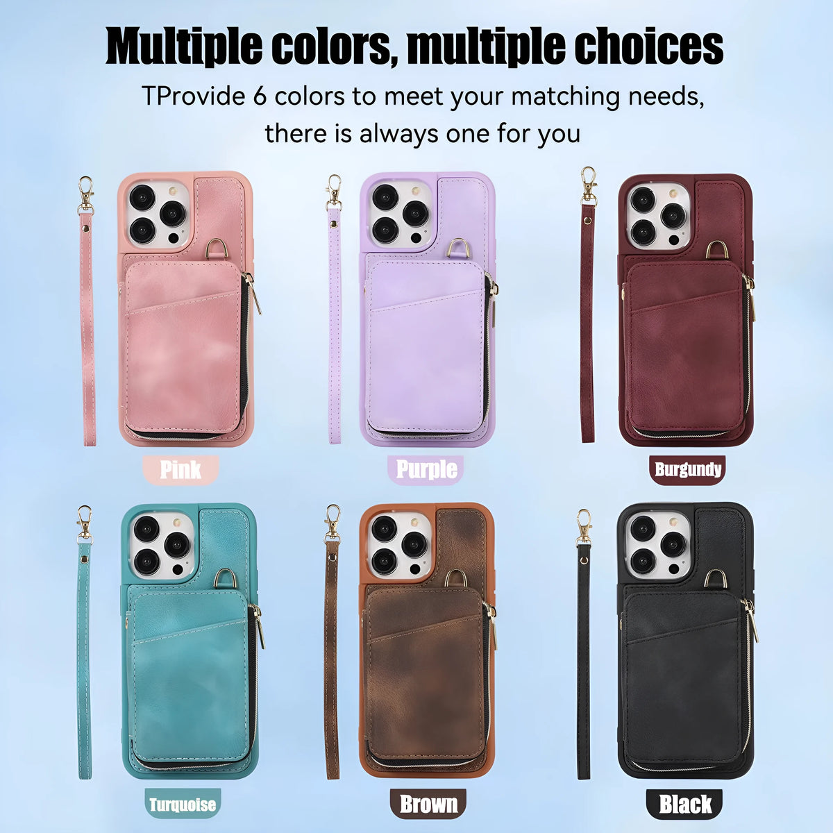 Leather wallet phone case with card holder, bracket and lanyard in pink, purple, wine red, brown, green or black