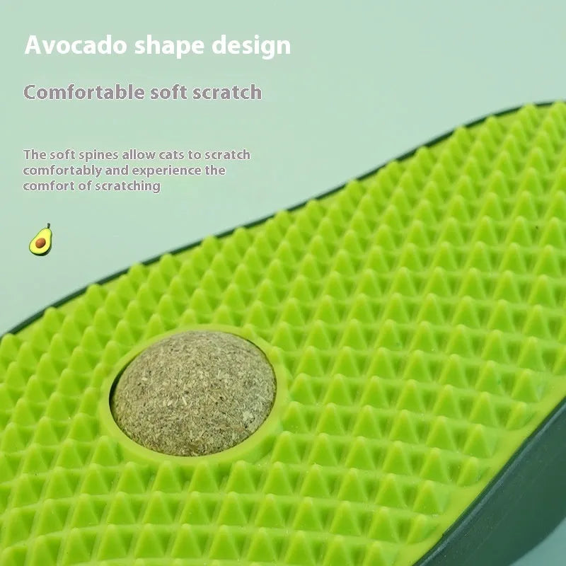 Green avocado-shaped cat scratching post toy on a white background