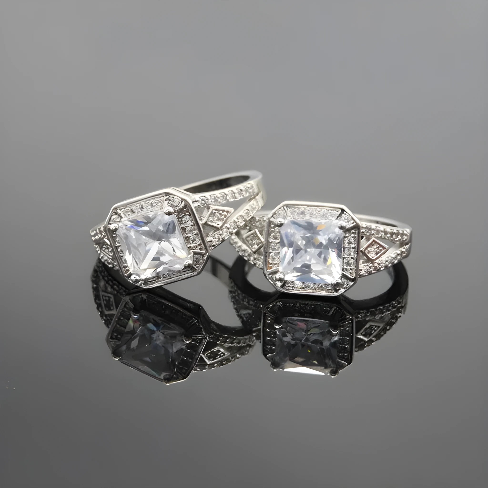 Women's geometric zircon ring with hollow design and platinum colour finish