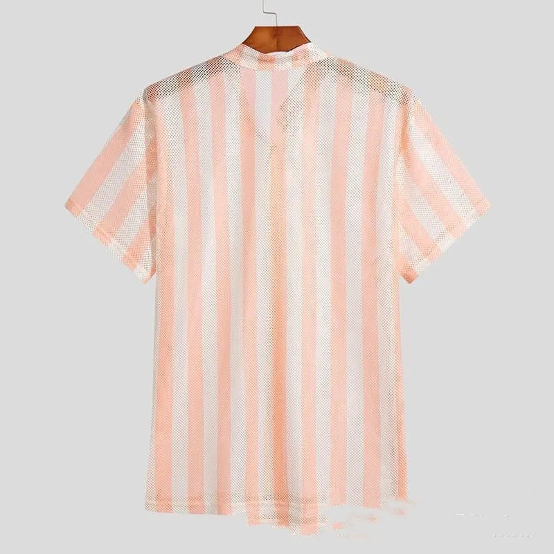 Men's pink waffle knit summer shirt with short sleeves and loose cardigan style