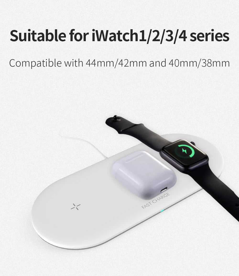 Black and white three-in-one wireless charging station for Apple iPhone, iWatch and headphones on a desk.