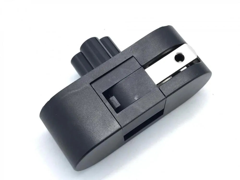 Black folding US plug travel adapter showing plug in both straight and folded positions