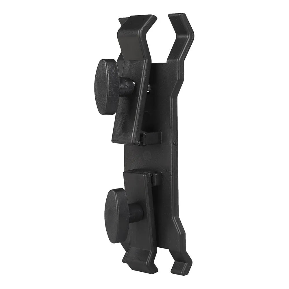 Black ABS plastic umbrella clip for attaching a brolly to a camera tripod.