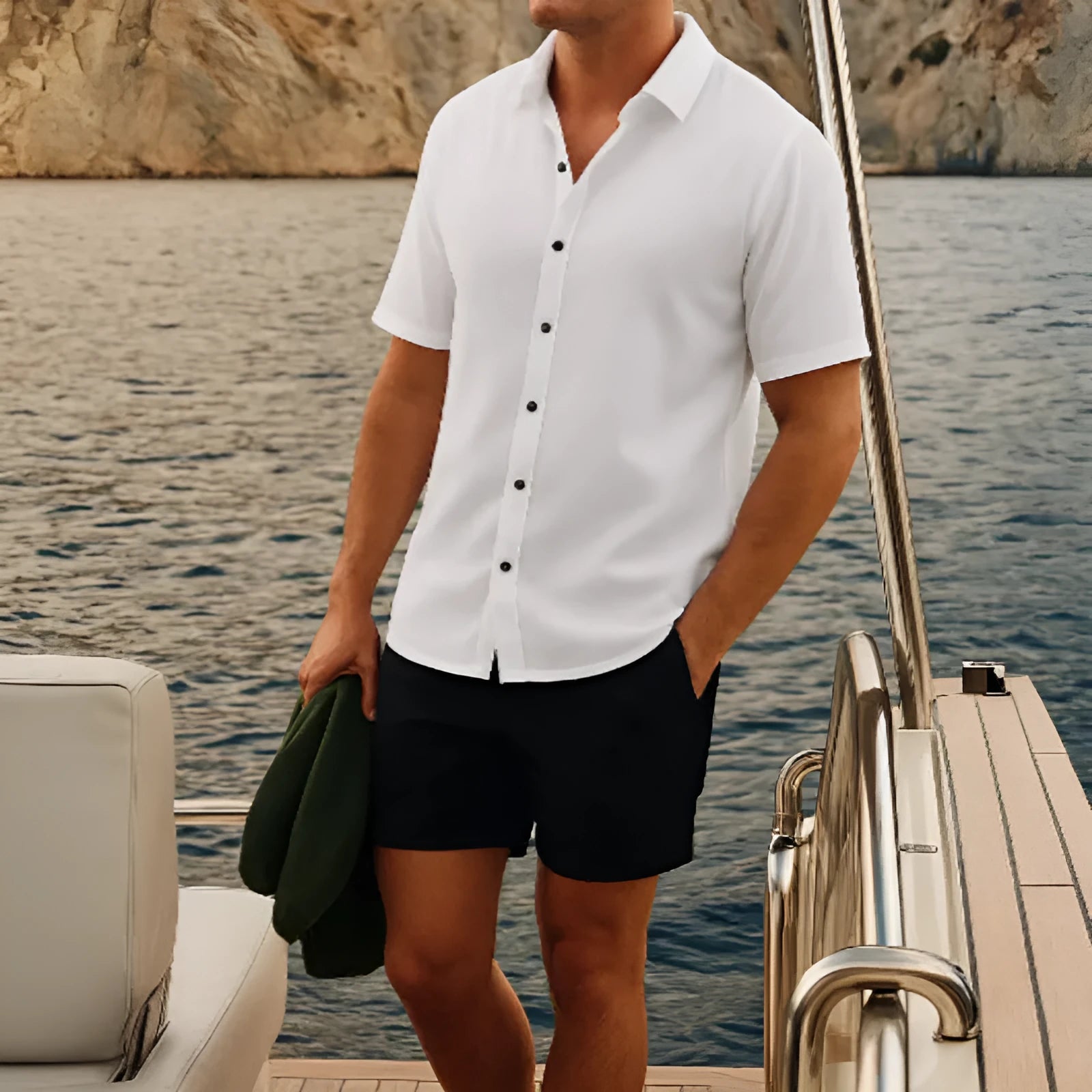Men's waffle texture short sleeve shirt and matching shorts set in casual summer outfit