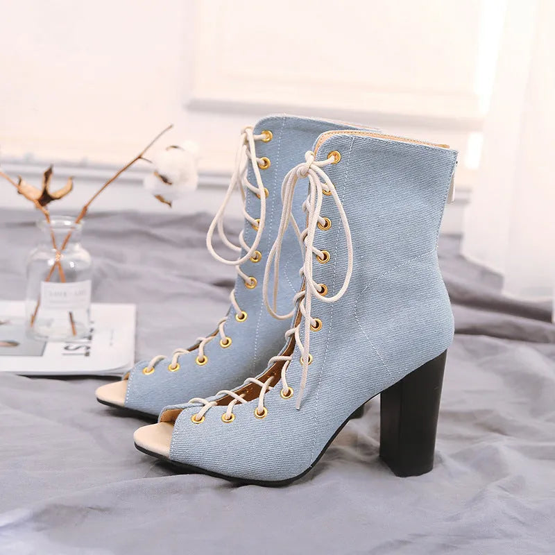 Denim high heels with thick heel above 8cm, peep toe, front tie, rubber sole, in Black, Blue, or Navy Blue