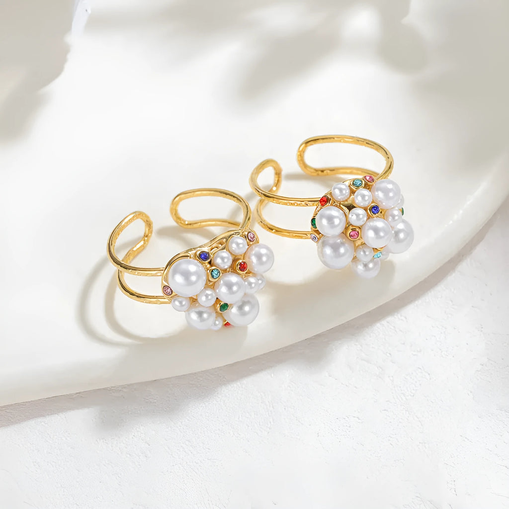 Pearl and zircon stainless steel open ring for women in heart or round design