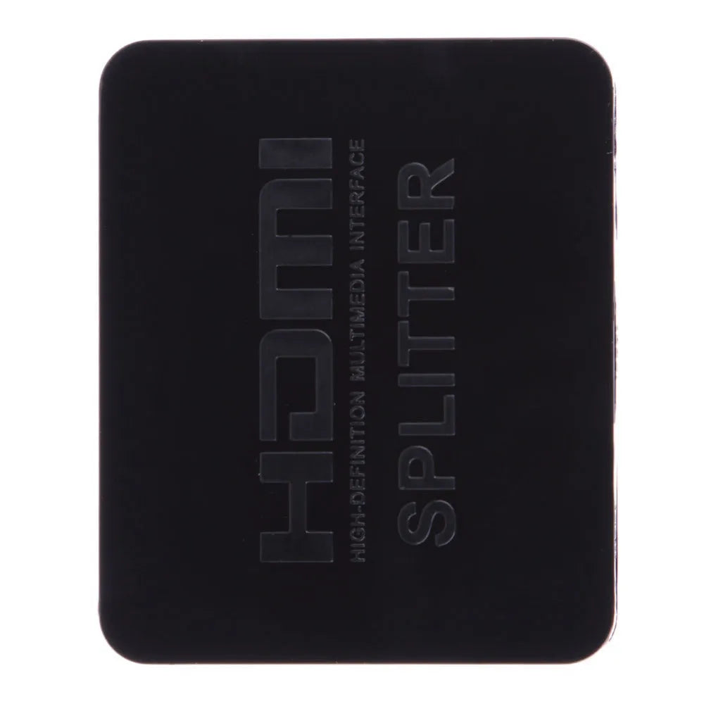 Black mini HDMI splitter with 1 input and 2 outputs, supporting 1080p, HDMI 1.4, HDCP, 3D and CEC