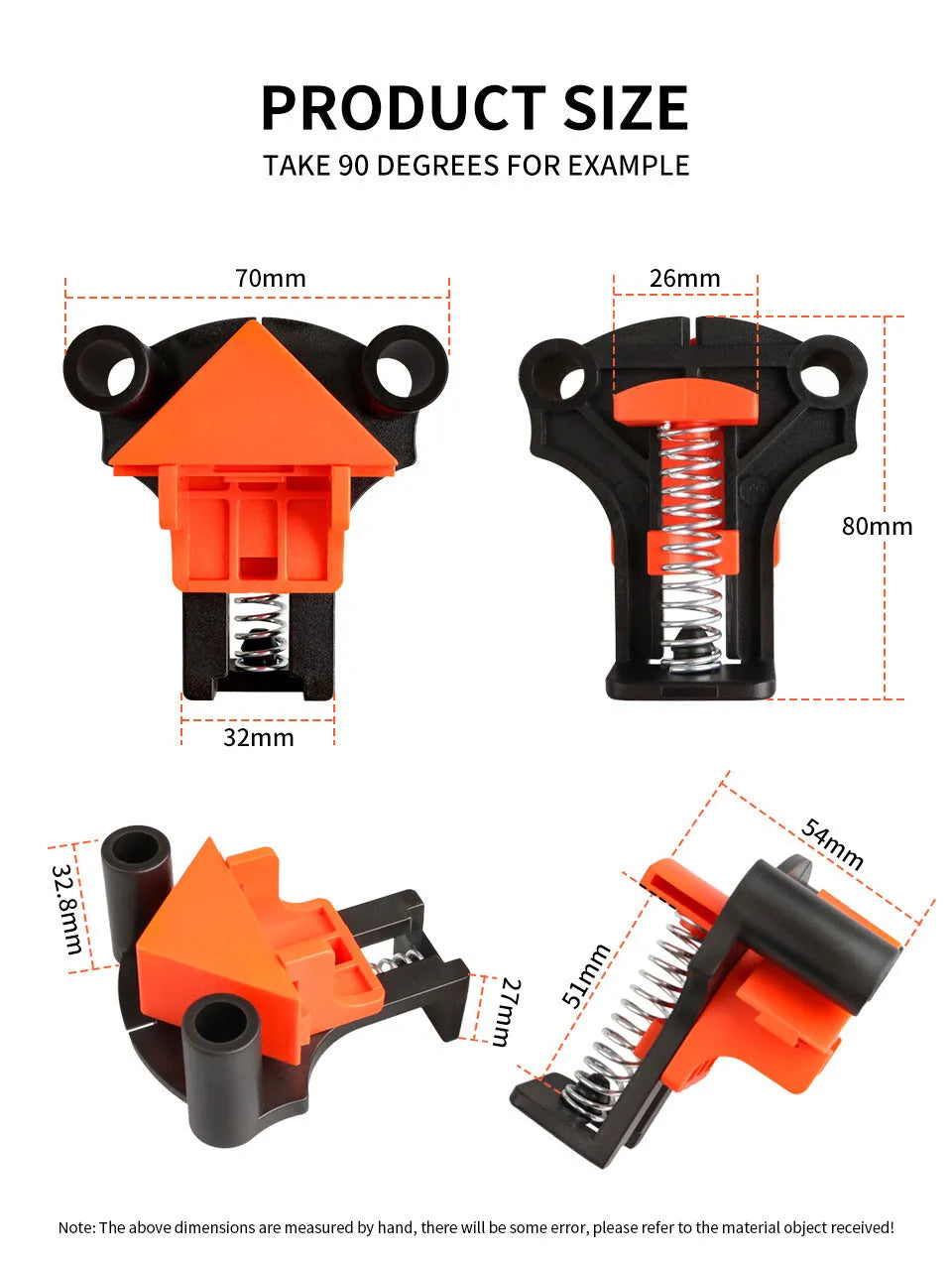 Set of four plastic right-angle clamps for woodworking and picture frame assembly.