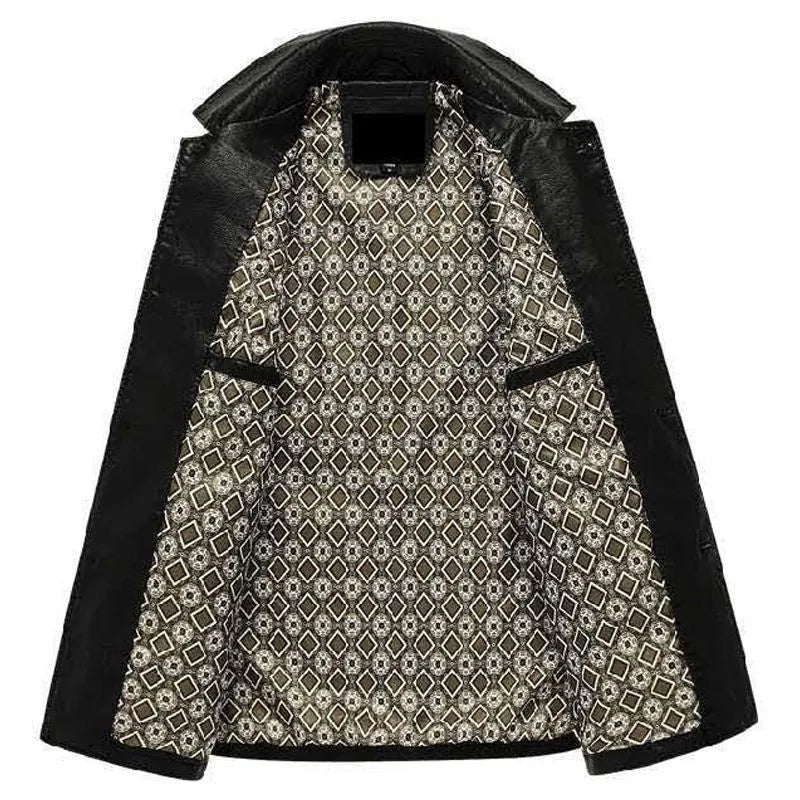 Men's solid colour PU leather polo collar coat with extended 100cm length and tight fit in black