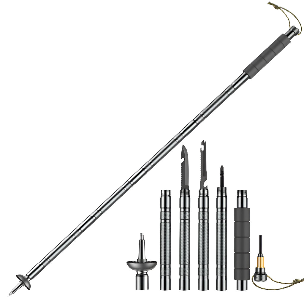 Dark grey adjustable aluminium alloy trekking pole with tactical knife and multi-tool accessories