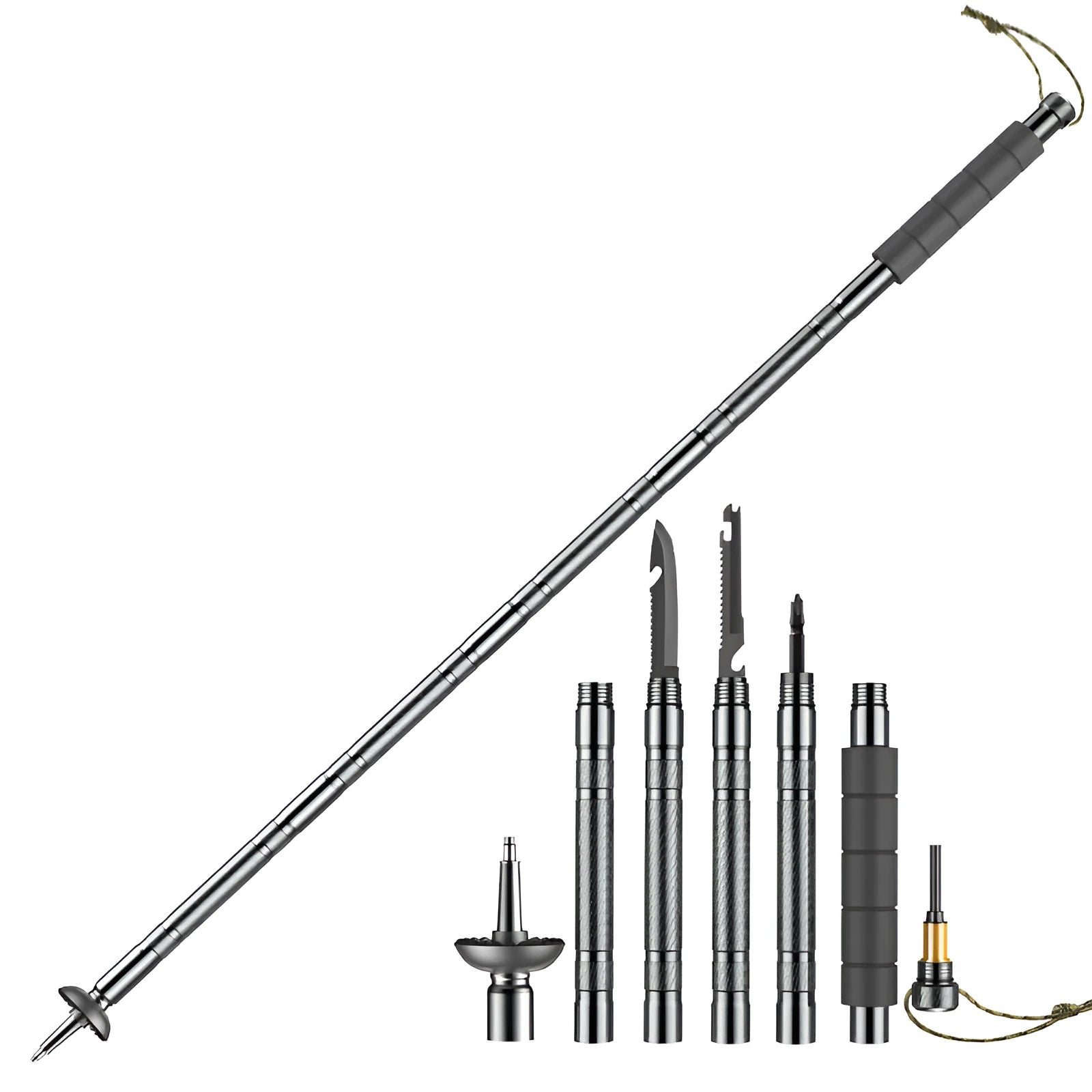 Dark grey adjustable aluminium alloy trekking pole with tactical knife and multi-tool accessories
