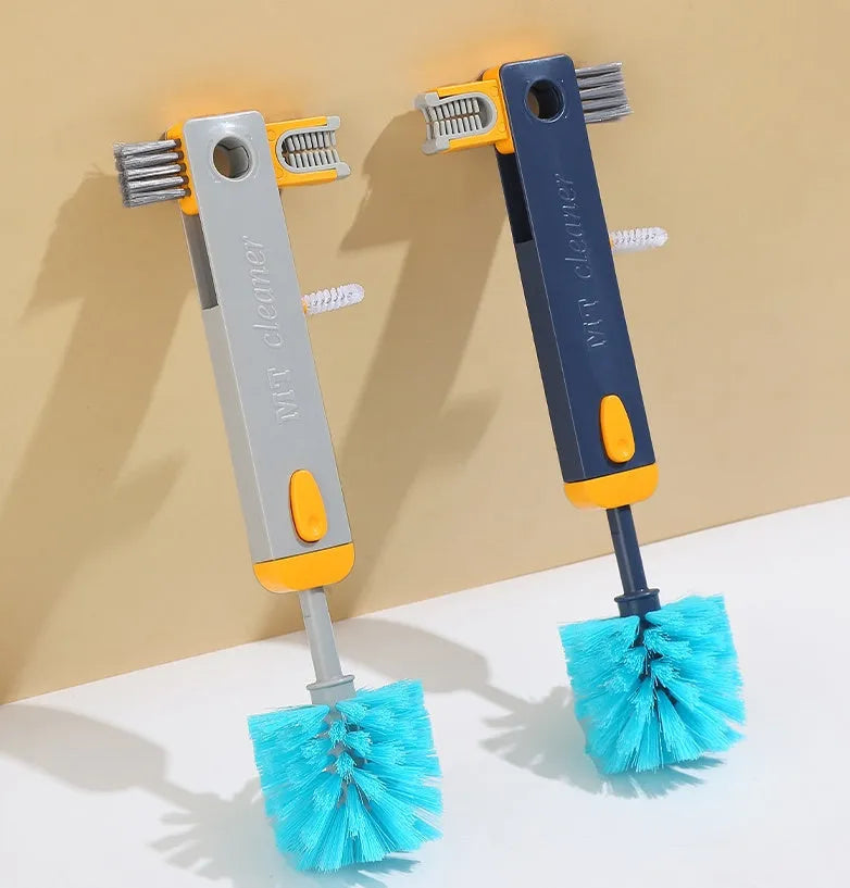 Blue and grey 4-in-1 bottle gap cleaner brush with U-shaped silicone head and multiple cleaning attachments