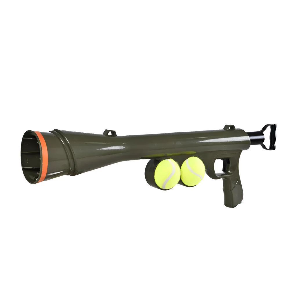 Black tennis shooting gun pet toy with two tennis balls measuring 65.5 cm long