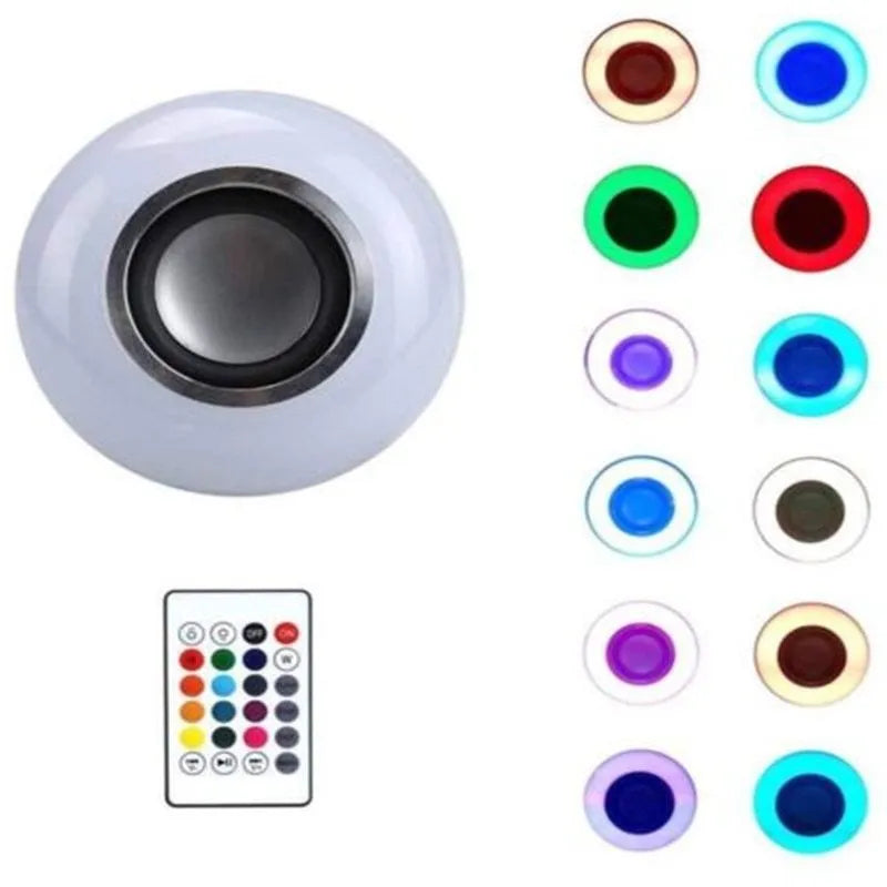 White E27 smart LED bulb with built-in Bluetooth speaker and remote control for colour-changing light.