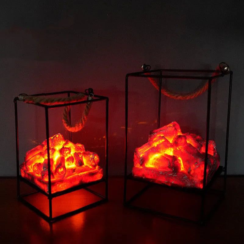 LED flame light simulated charcoal fireplace lamp made of iron and resin in European abstract style