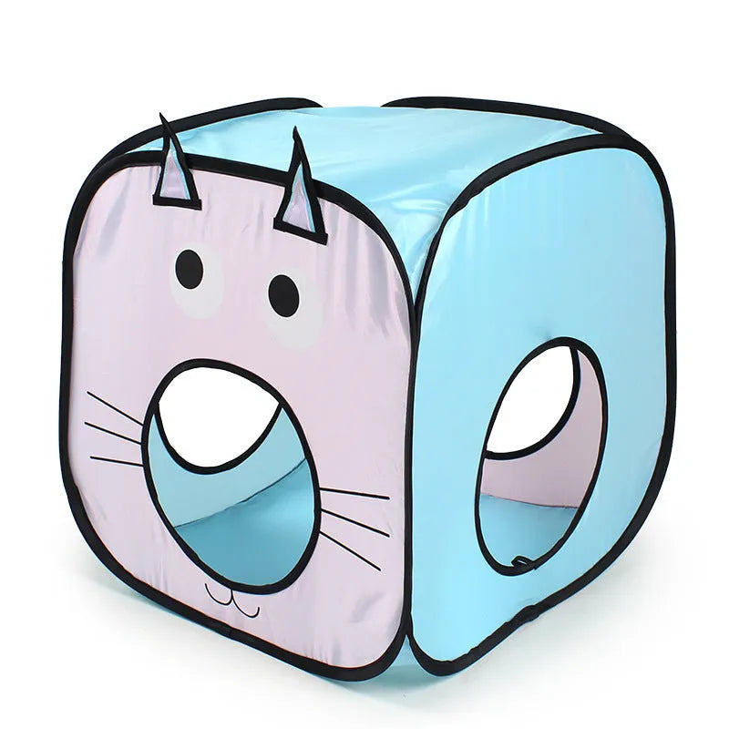 Foldable blue cat tent and tunnel pet play set with cat and fish pattern.