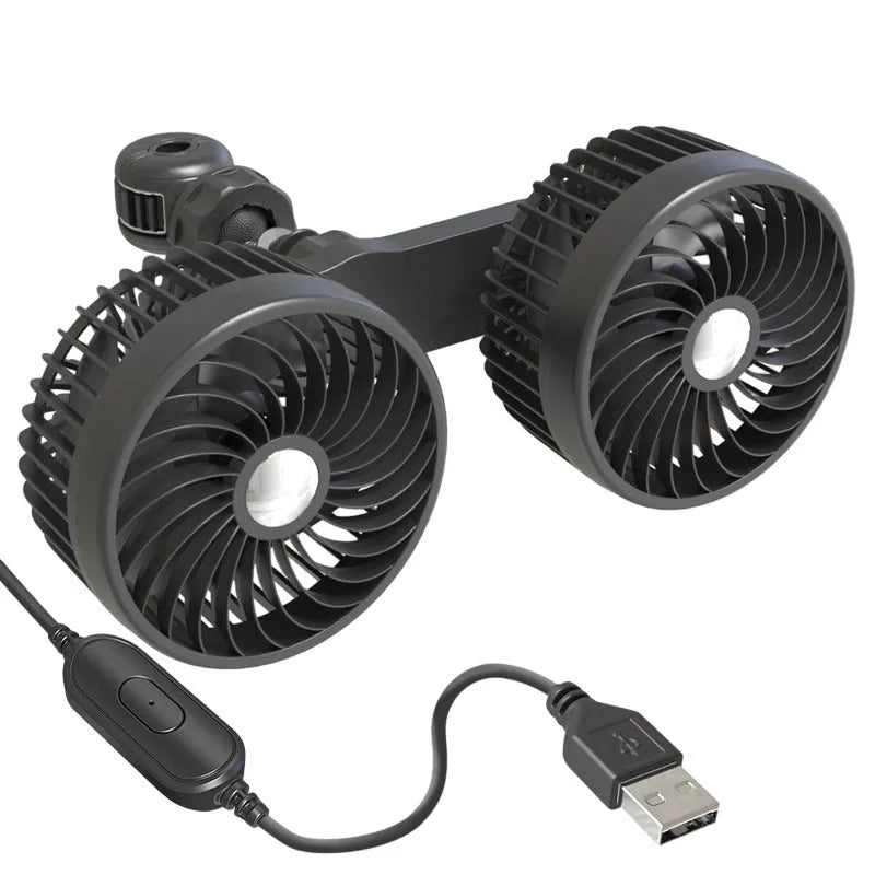 Double-headed rear car fan with USB interface, 360-degree rotation, wind sound and light, ABS build