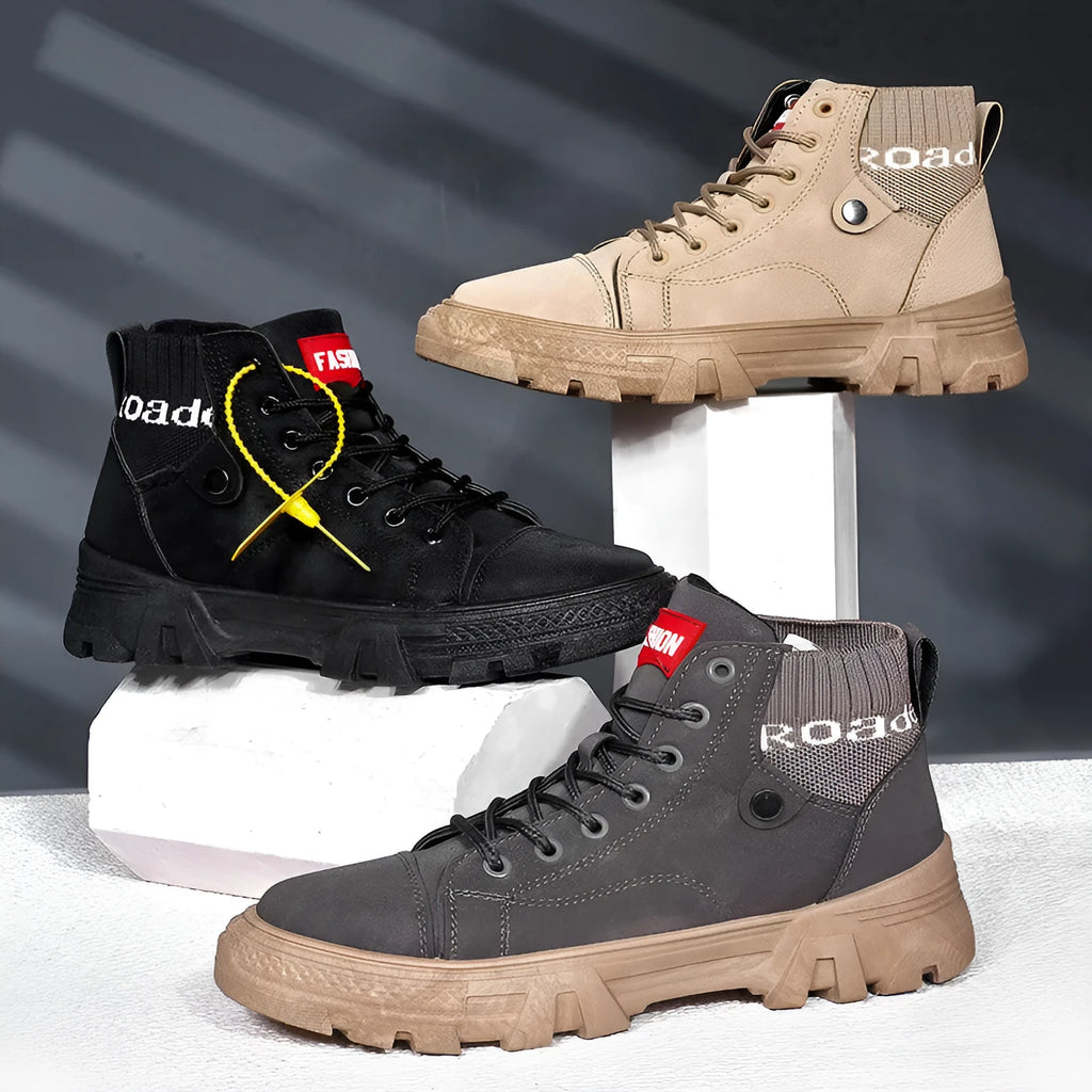 Men's high top Martin boots in Black, round toe, square heel, front tie closure, artificial PU upper