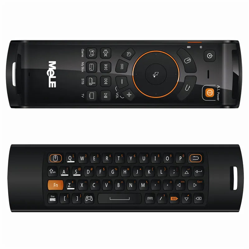 Black Mele F10 Deluxe wireless air mouse remote control with QWERTY keyboard and directional pad.