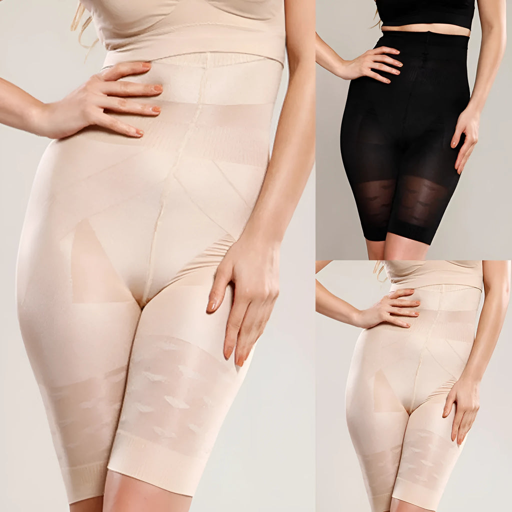 Black seamless high-waisted shapewear shorts for women laid flat.