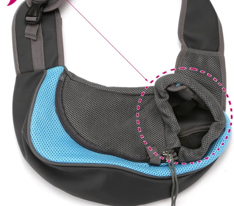 Polyester pet backpack carrier in blue colour showing structured design with ventilation and carrying straps
