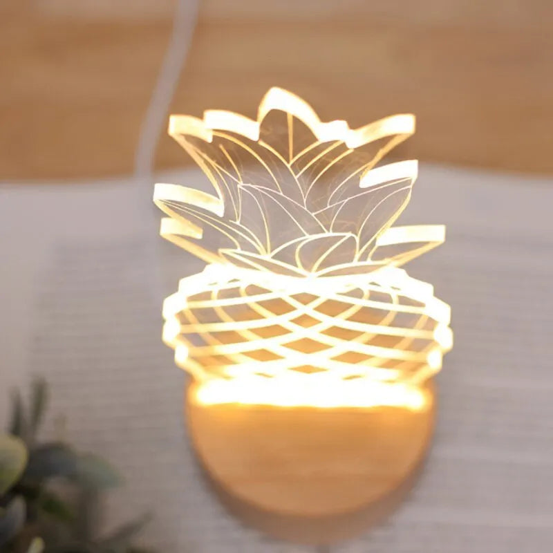Cartoon night light wooden acrylic bedside lamp pineapple shape USB powered dimmer switch button switch
