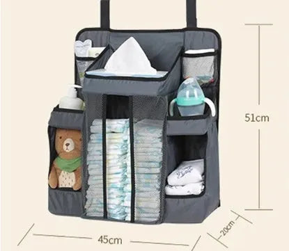Crib storage bag in grey TC oxford cloth with large storage space for baby diapers and toys