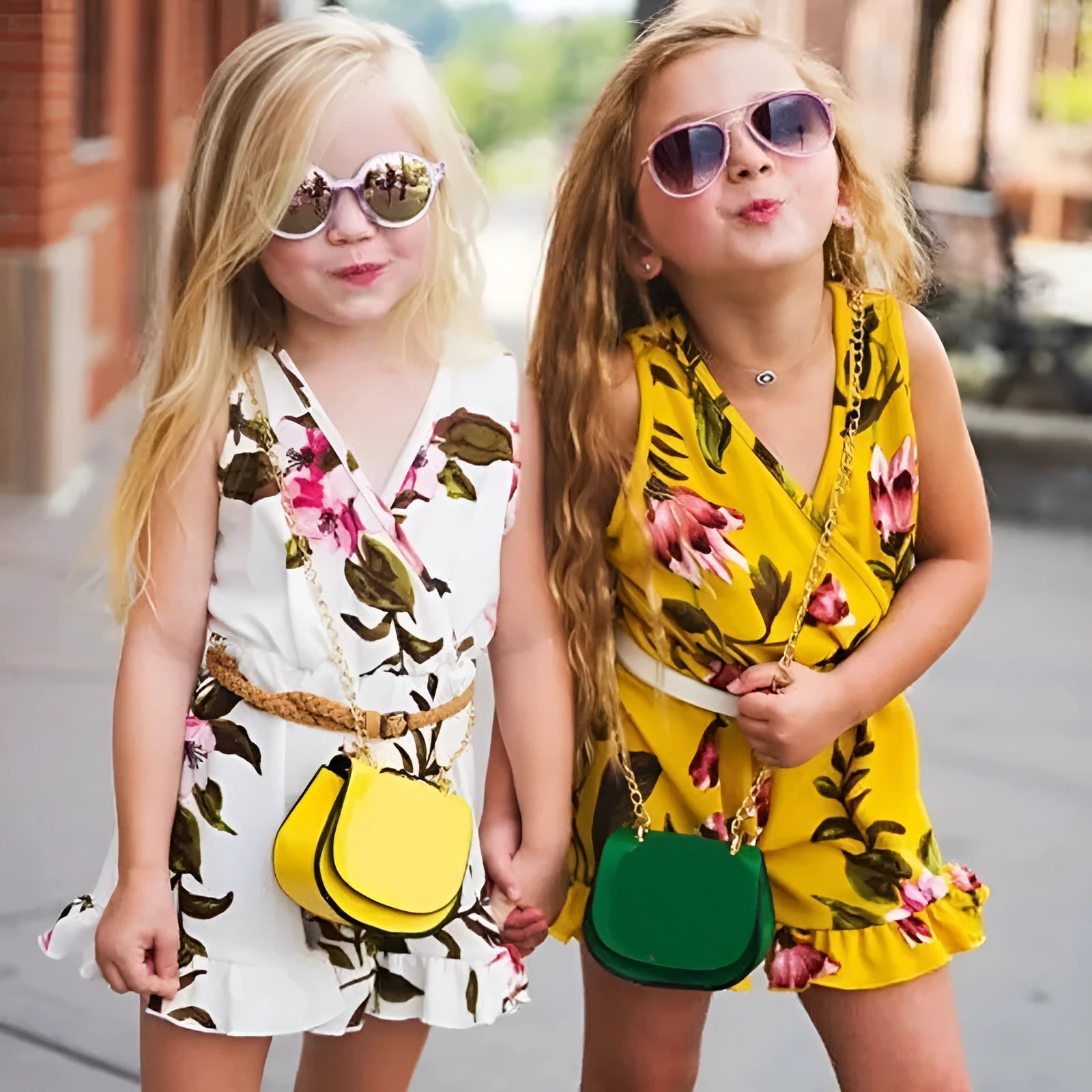 White and yellow floral print cotton outfit for a baby girl, showing Asian sizing from 90cm to 130cm.