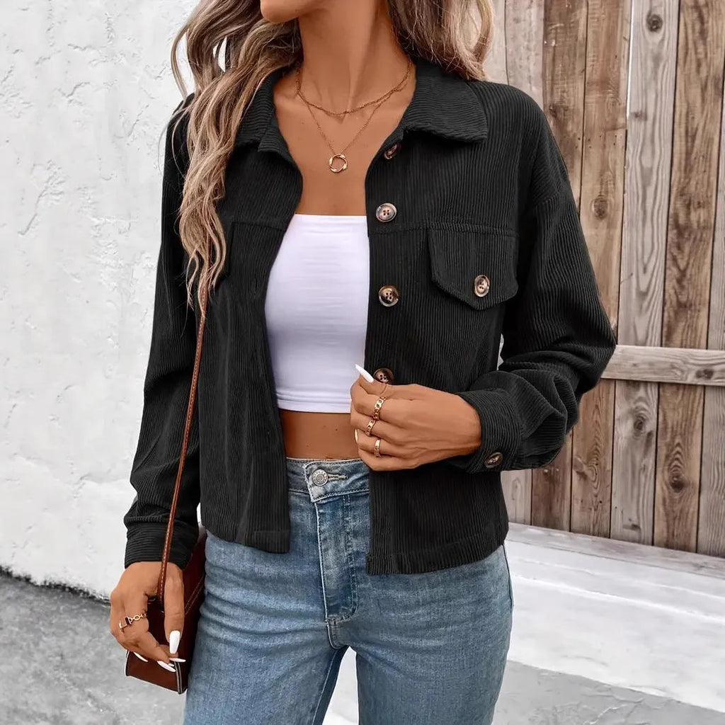 Women's retro artistic shirt coat jacket in medium thickness polyester fabric, button front with long sleeves