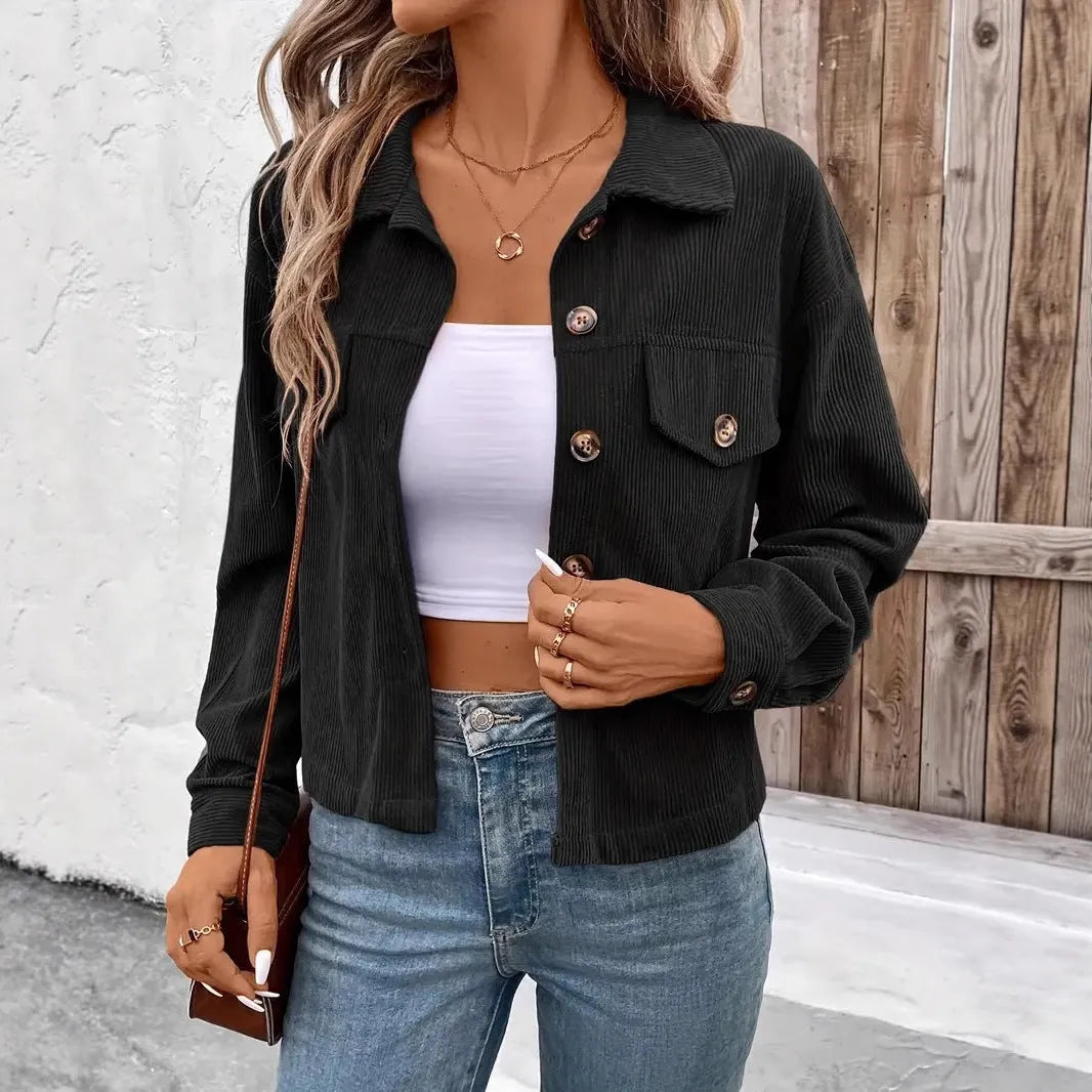 Women's retro artistic shirt coat jacket in medium thickness polyester fabric, button front with long sleeves