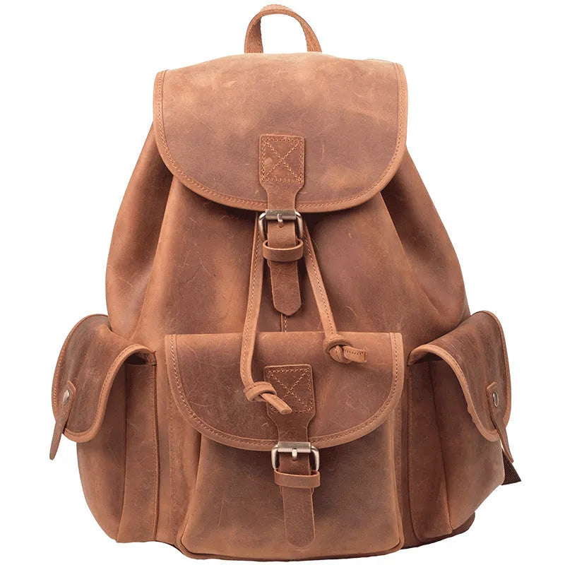 Men's retro leather drawstring backpack, 20L first layer cowhide, 30cm x 15cm x 40cm, Black Dark Brown Retro Brown
