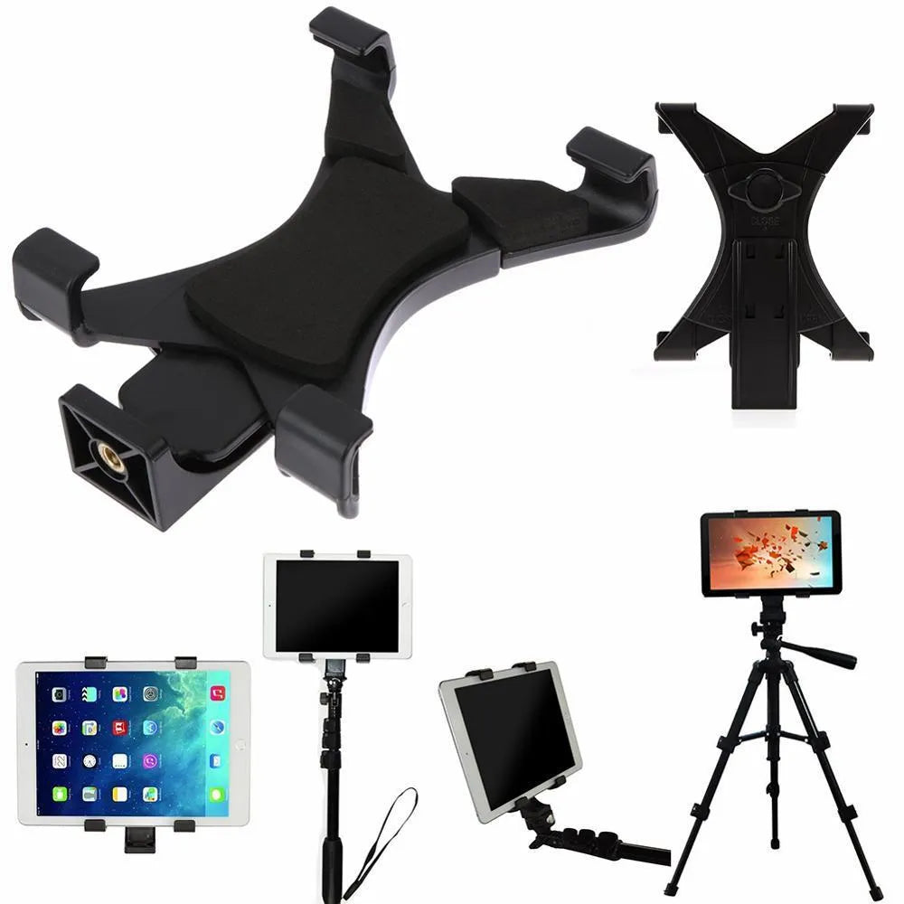 Black ABS tablet stand with 1/4 inch screw mount, adjustable width 12.5-20cm, on a tripod