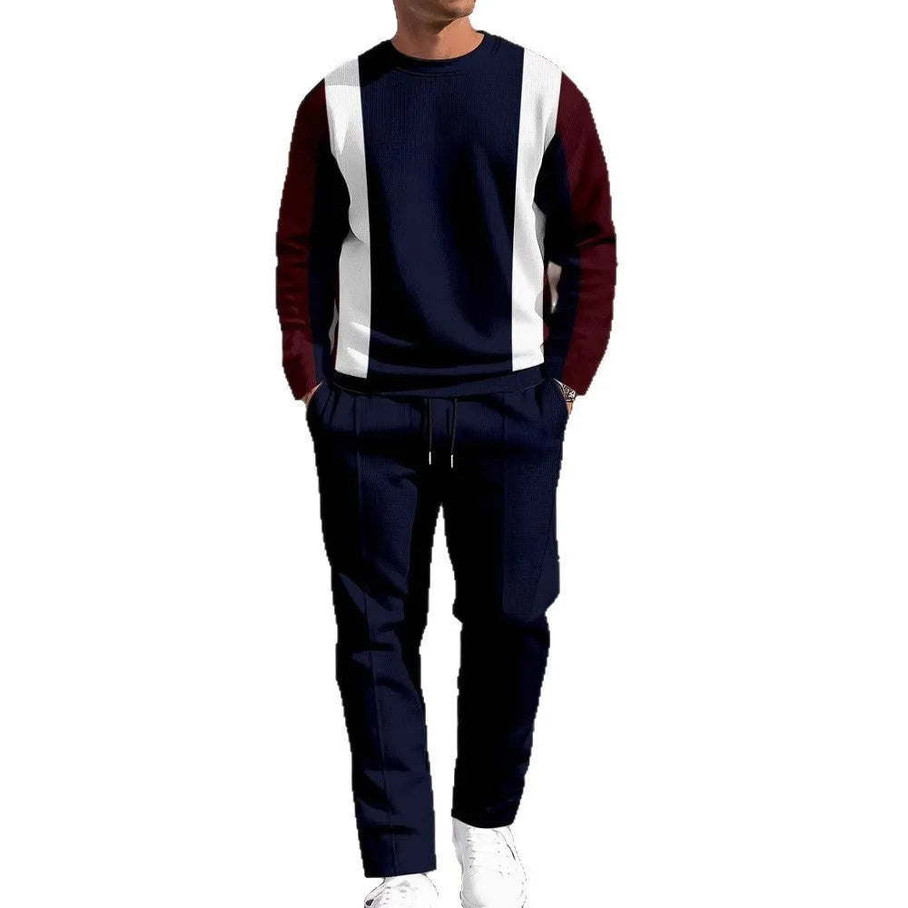 Men's casual sporty round neck sweatshirt and pants two-piece set in polyester blend, long sleeves, long pants, multiple colours