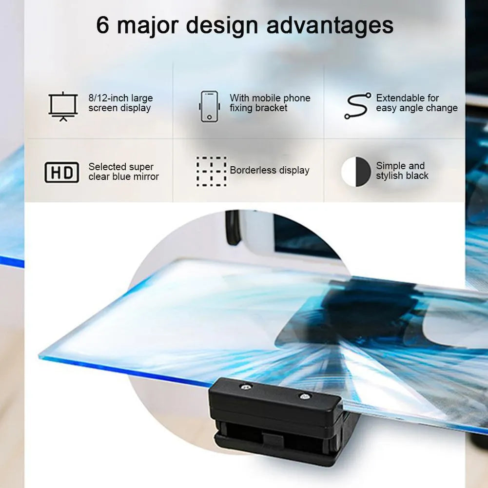 Black mobile phone screen amplifier with adjustable bracket showing 12-inch acrylic lens