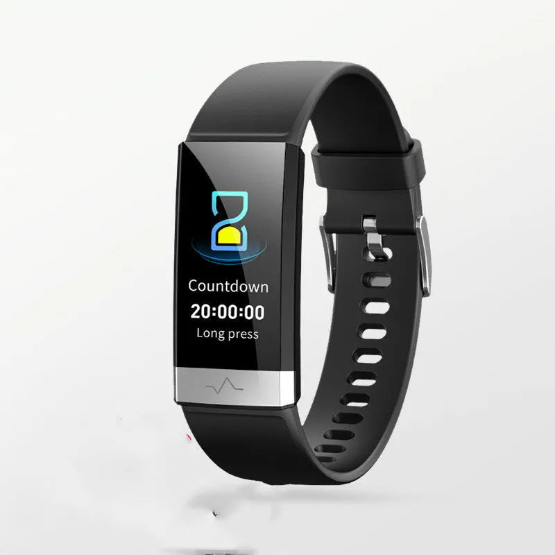 V19 smart fitness bracelet with colour screen, shown in black, blue, and red colour options on a wrist.