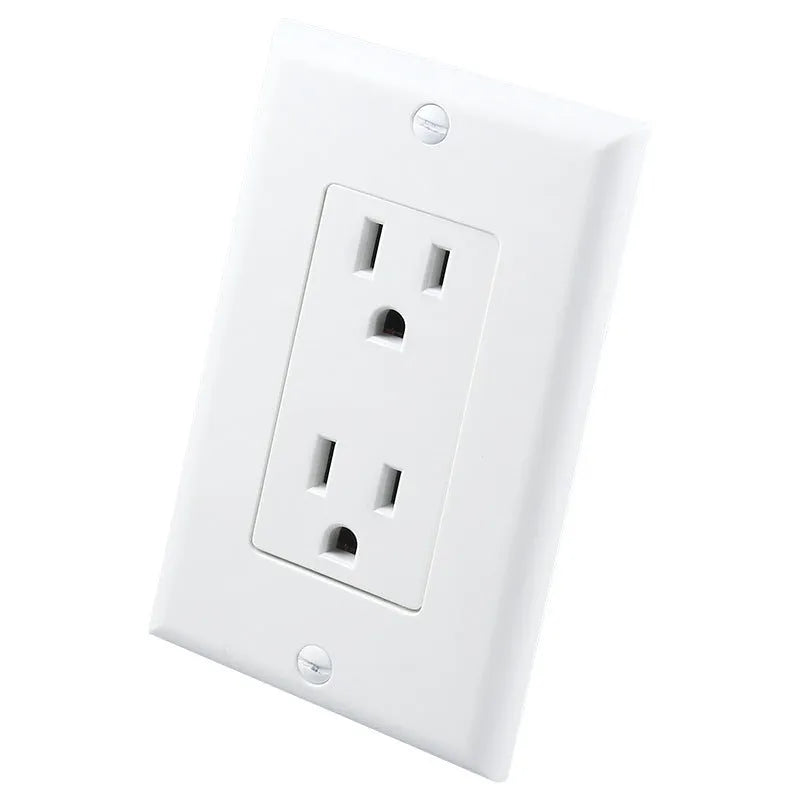 White plug-in socket night light with LED bulbs installed in a wall outlet.