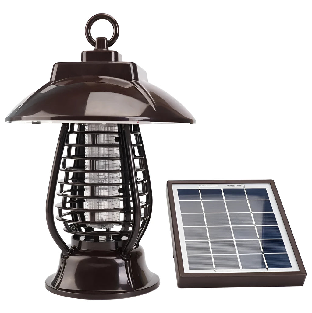 White and purple solar-powered mosquito repellent lamp for outdoor garden use.