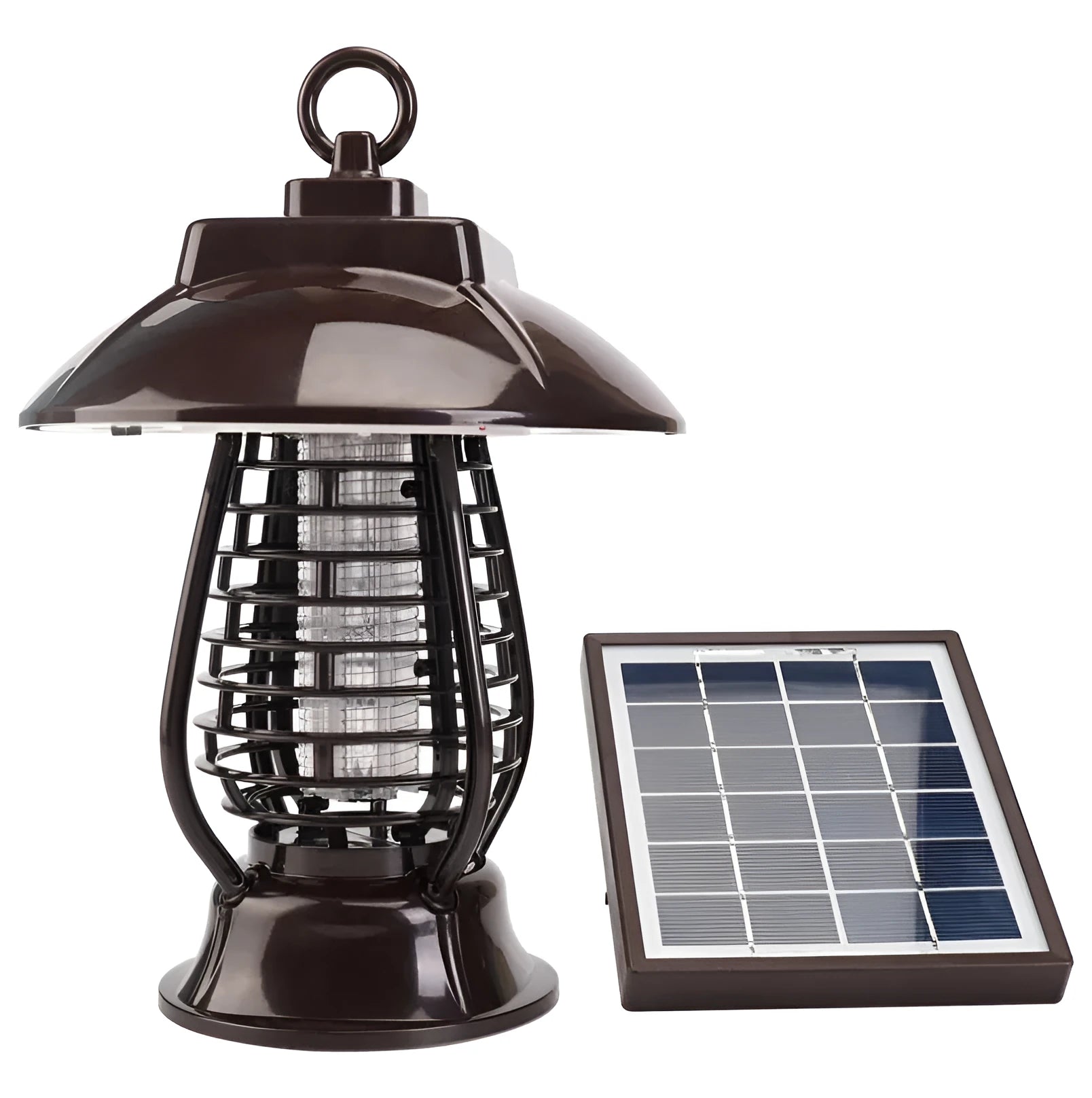 White and purple solar-powered mosquito repellent lamp for outdoor garden use.