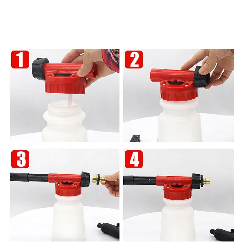 Foam pot high pressure water gun sprayer for garden use with adjustable pressure control.