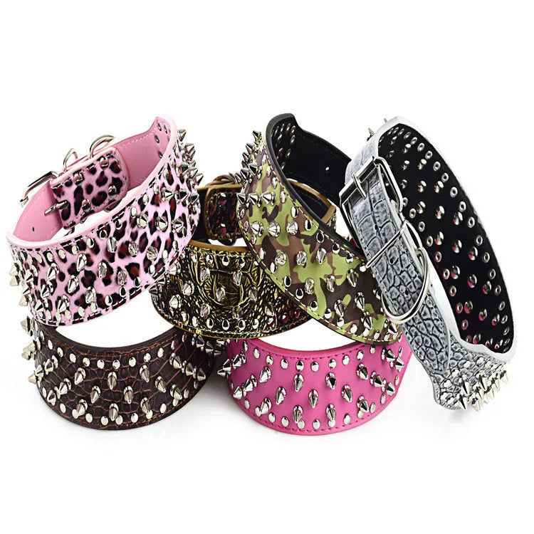 Large dog rivet collar in PU material size L 66x5 cm in black with metal buckle and rivets