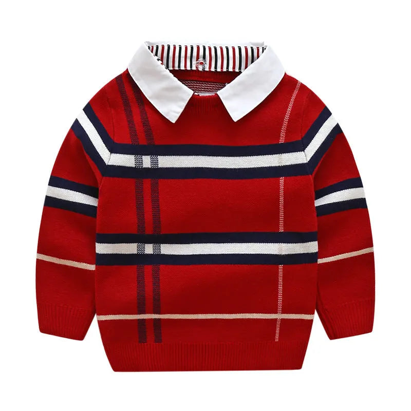 Boys plaid jacquard sweater in apricot and navy blue with long sleeves and pullover style
