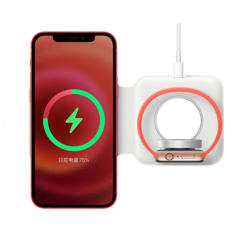 Folding dual wireless Magsafe magnetic charger in white for Apple iPhone Watch AirPods with Type-C input