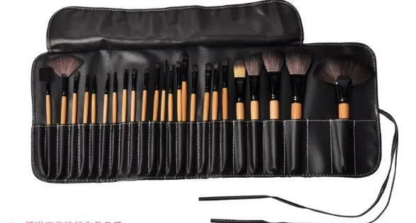 24-piece professional makeup brush set with wooden handles in a black PU gift bag.