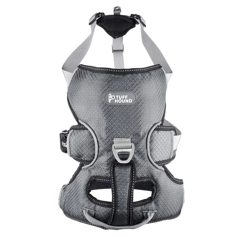 Dog chest harness in blue, polyester material, with chest and back attachment rings, size medium