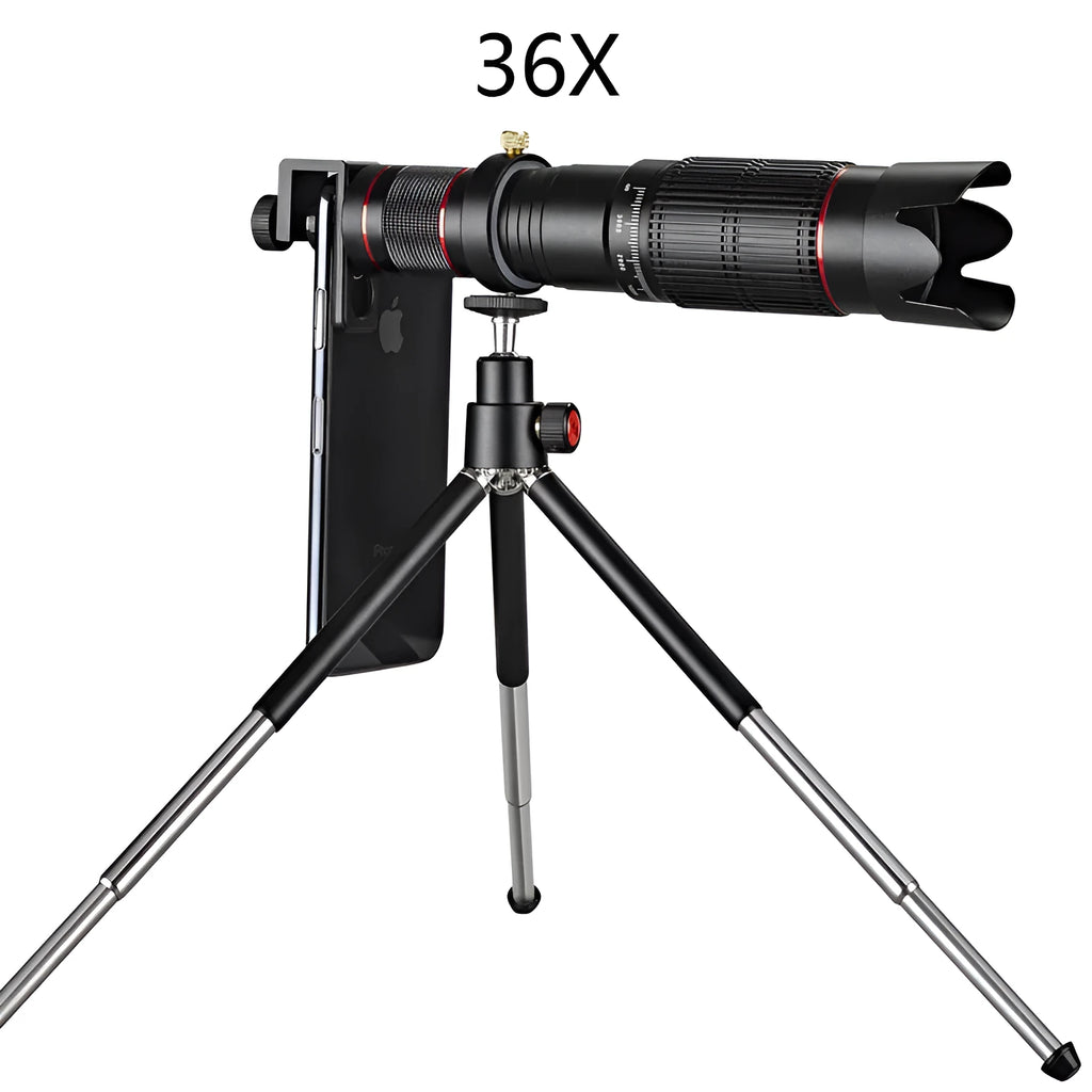 Black 36x telephoto mobile phone telescope lens showing 22.5cm length