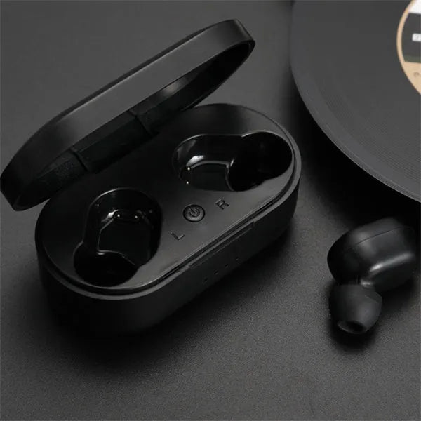 M1 wireless Bluetooth headset in black or white colours with bilateral earbud design