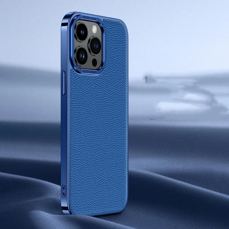 Genuine leather iPhone case with electroplated soft edge, shown in black, orange, purple and blue for iPhone 12 to 15 Pro Max.