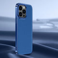 Genuine leather iPhone case with electroplated soft edge, shown in black, orange, purple and blue for iPhone 12 to 15 Pro Max.