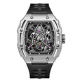 Men's barrel-shaped hollow automatic mechanical watch with black silicone strap and metal case, 44mm